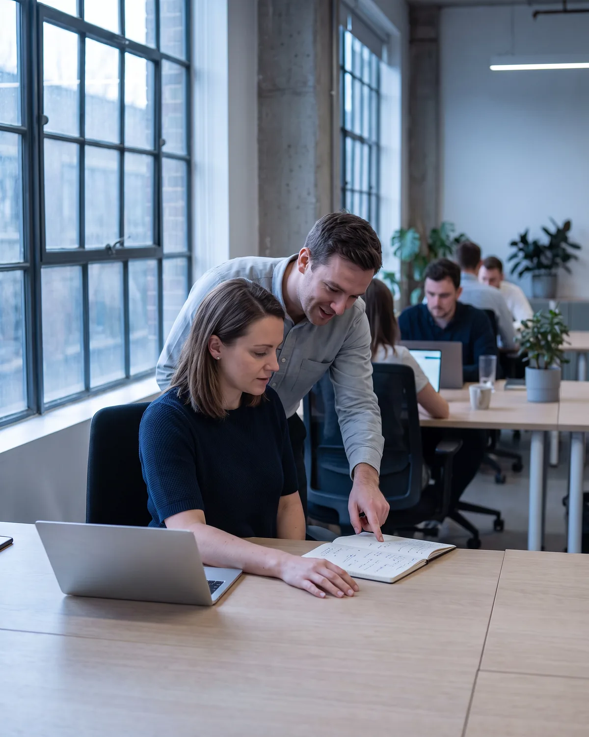 An operations lead at her desk in a bright open-plan office, reviewing handwritten process notes with a colleague who points to the next step, while the team works at laptops behind them.