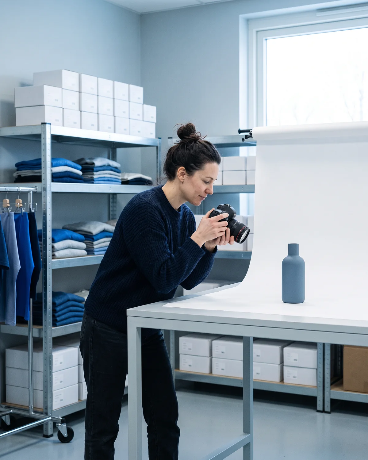 A store owner photographing one of her products on a white backdrop in a bright studio lined with shelves of folded stock and boxed orders.