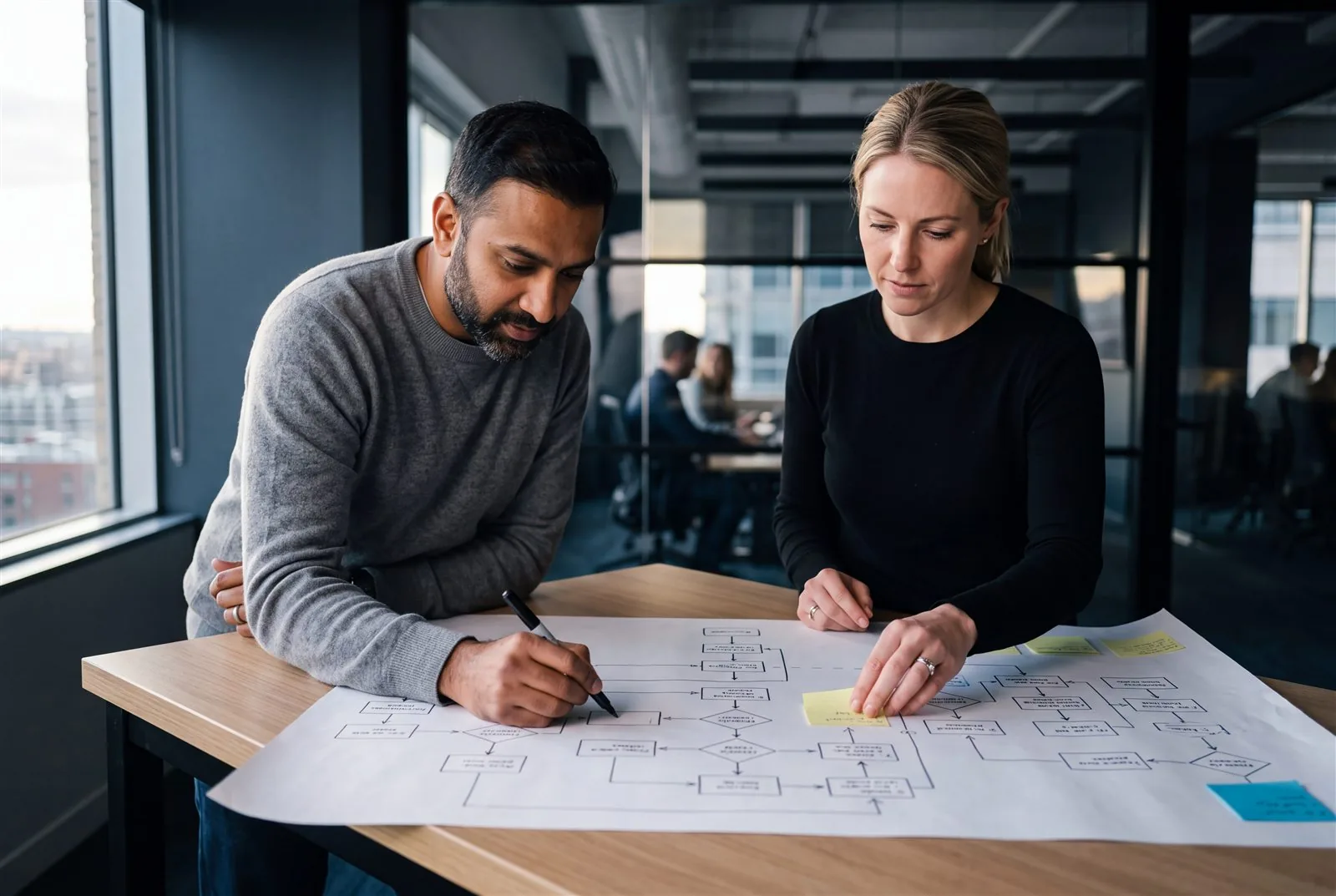 Two operations colleagues mapping how information moves between their systems on a large printed workflow diagram.