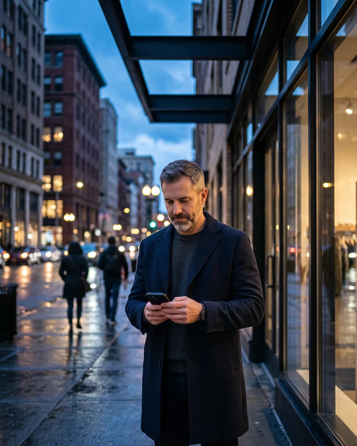 A business owner in a navy overcoat checking his phone outside a glass shopfront on a city street at dusk, with lit windows and wet pavement behind him.