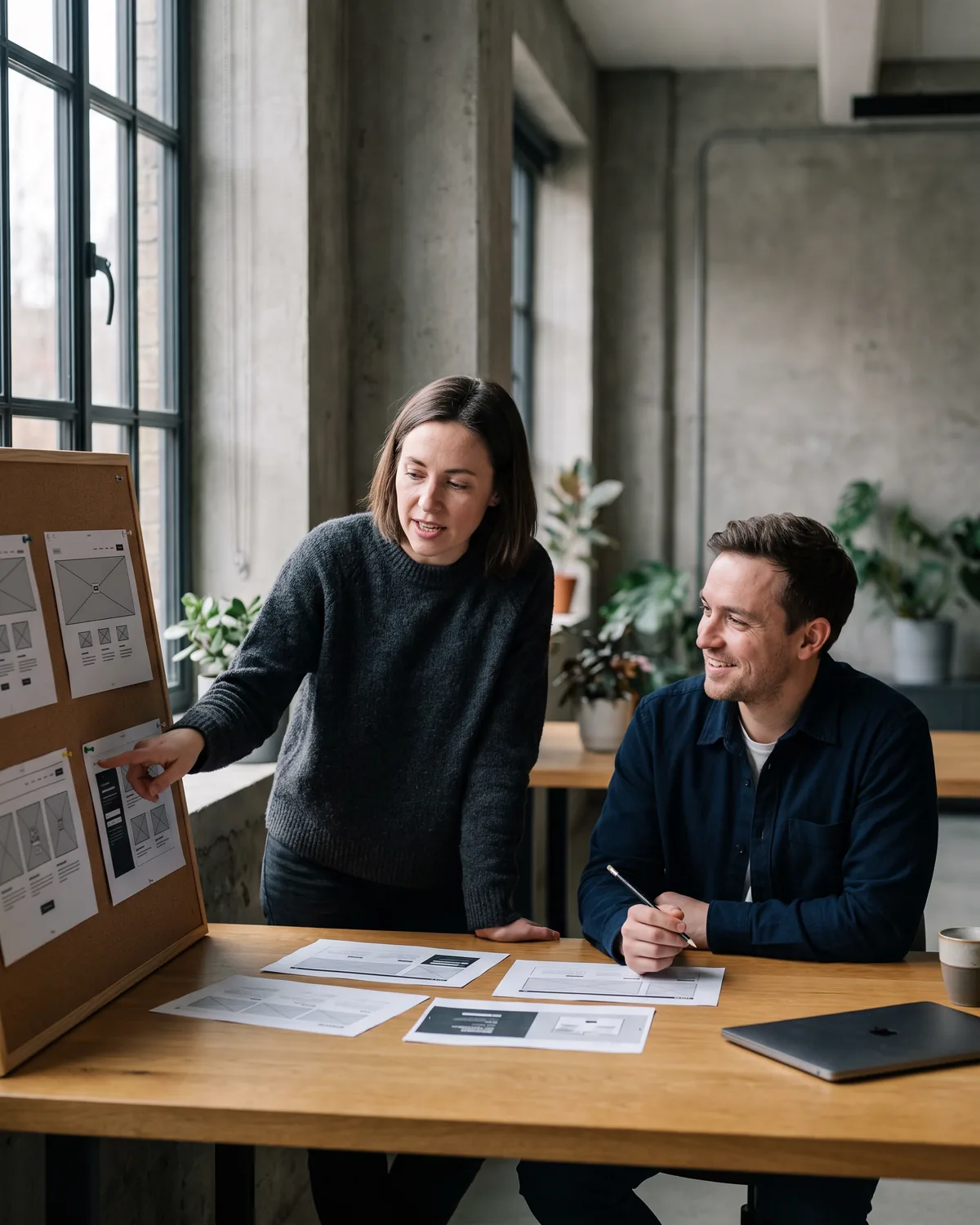 Two designers in a concrete-walled studio reviewing printed website wireframes, one pointing to a layout pinned on a board while the other listens.